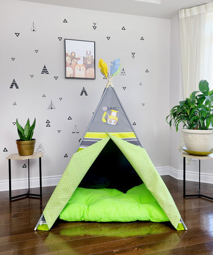 GoDozer Green Yellow White Stripes Grey Play Teepee Tent