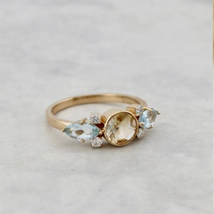 Bague en or 14K, diamants, topaze et citrine