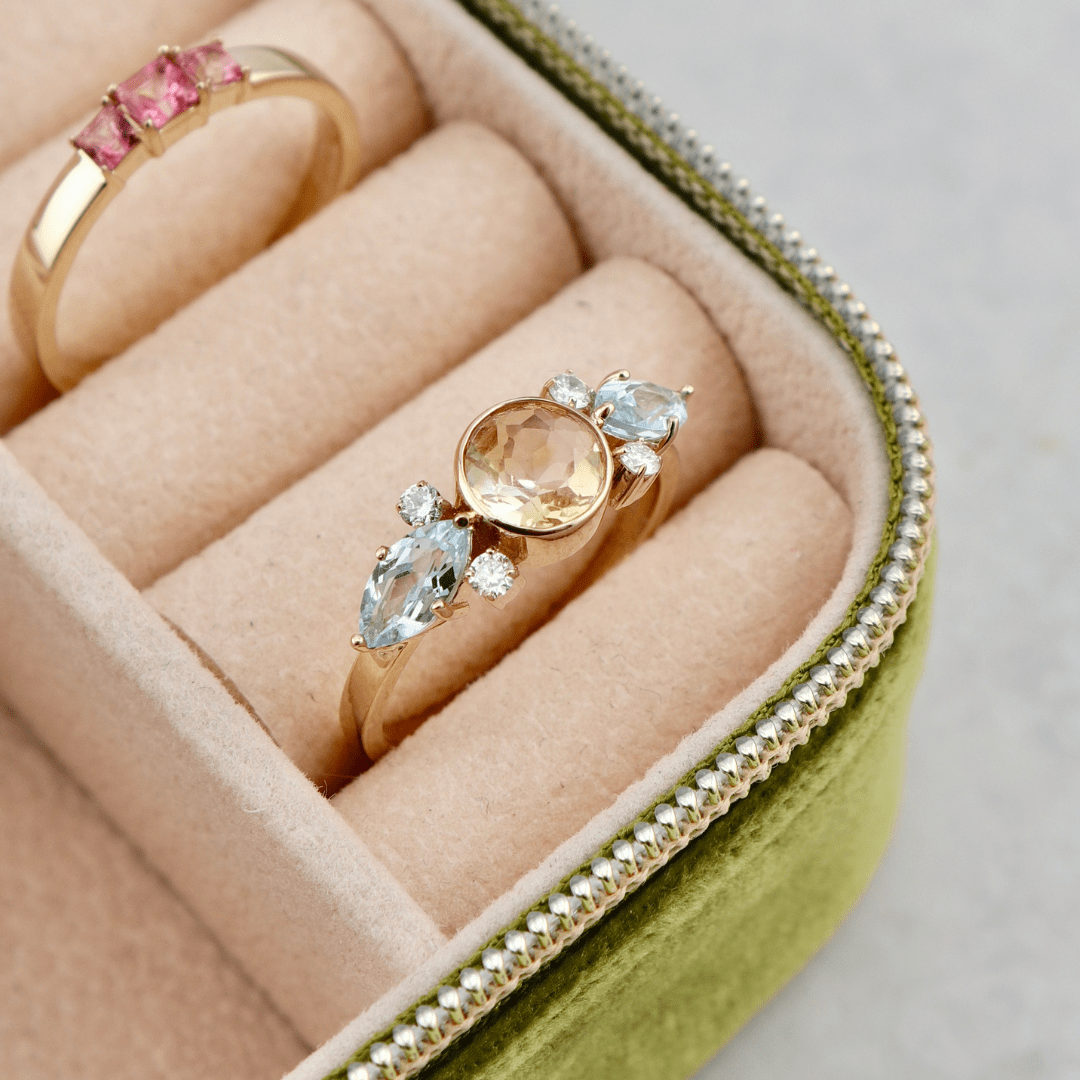 Bague en or 14K, diamants, topaze et citrine