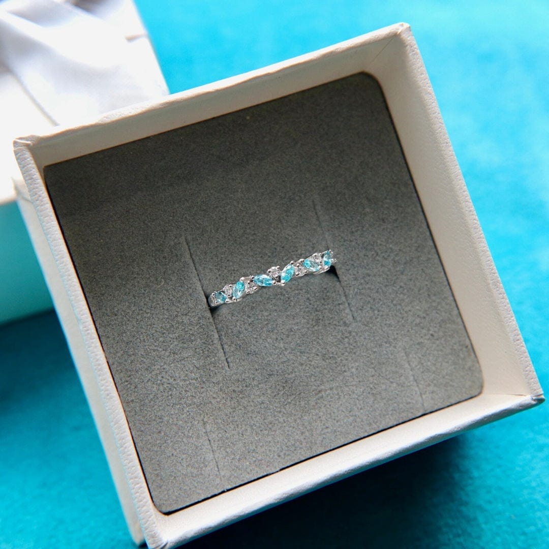 Bague semi-éternité Marquise en or 14K - 18K, diamants et aigues-marines