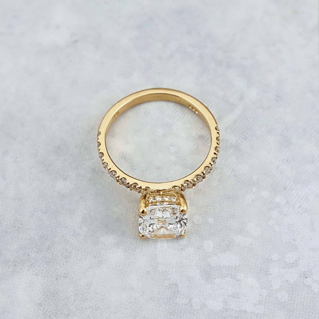 Bague solitaire Halo en or 14K - 18K ou platine et diamant cushion 2.5 ct