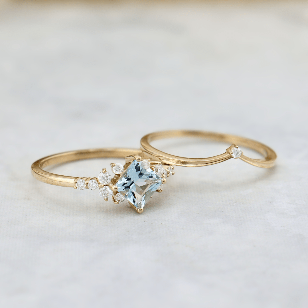 Bagues Ensemble d'alliances Moissanites et Topaze bleu princesse