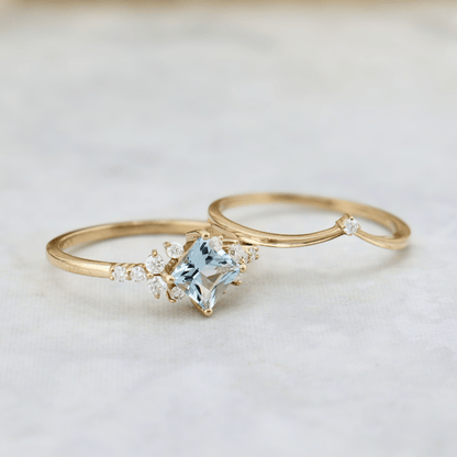 Bagues Ensemble d'alliances Moissanites et Topaze bleu princesse