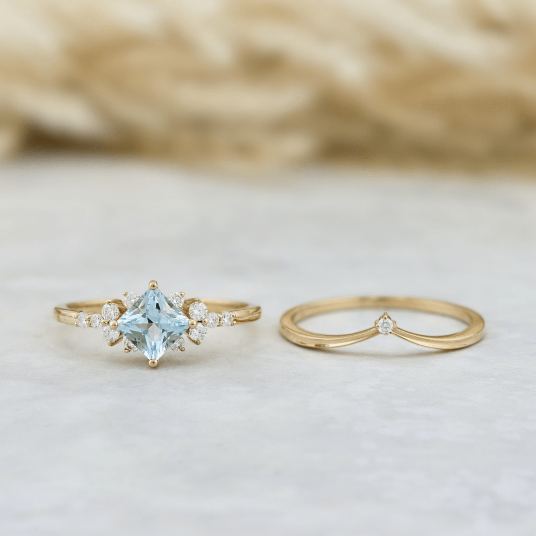 Bagues Ensemble d'alliances Moissanites et Topaze bleu princesse