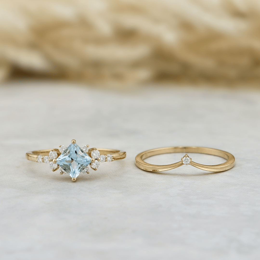 Bagues Ensemble d'alliances Moissanites et Topaze bleu princesse