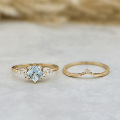 Bagues Ensemble d'alliances Moissanites et Topaze bleu princesse