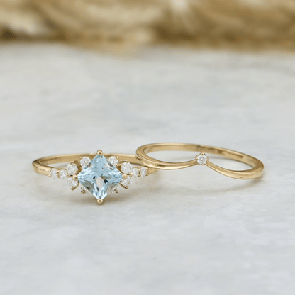 Bagues Ensemble d'alliances Moissanites et Topaze bleu princesse