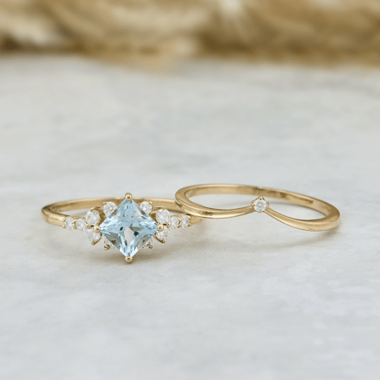 Bagues Ensemble d'alliances Moissanites et Topaze bleu princesse