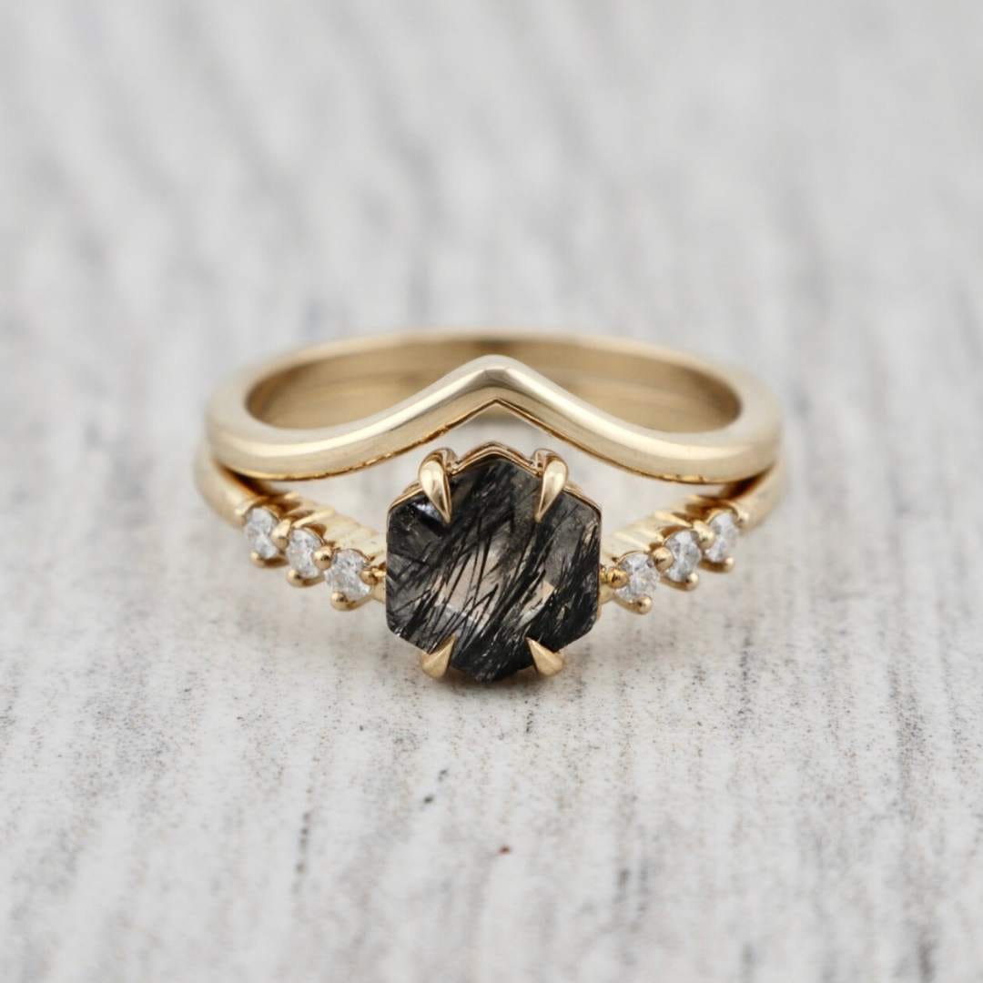 Bagues Ensemble d'alliances Rutile en or jaune 10K et moissanites