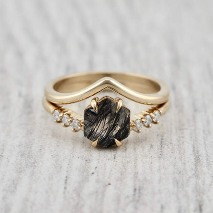 Bagues Ensemble d'alliances Rutile en or jaune 10K et moissanites
