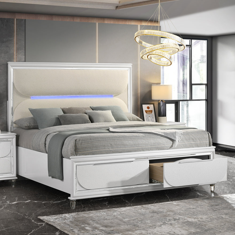 Cassandra Platform Storage Bed w/Led Lighting - Pearl White