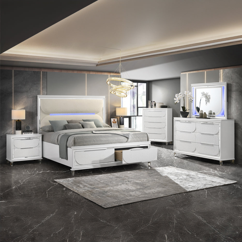 Cassandra Platform Storage Bed w/Led Lighting - Pearl White