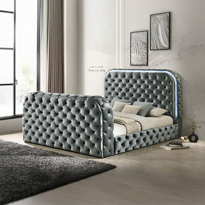 Tagus Smart Platform Bed with LED/ Fireplace/ TV Stand - Grey