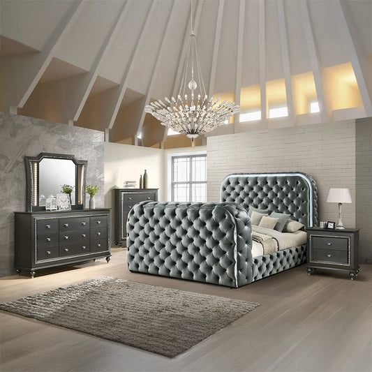 Tagus Smart Platform Bed with LED/ Fireplace/ TV Stand - Grey