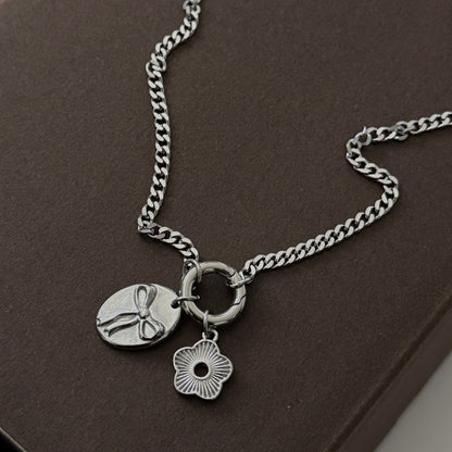 Bow and Flower Necklace- Silver
