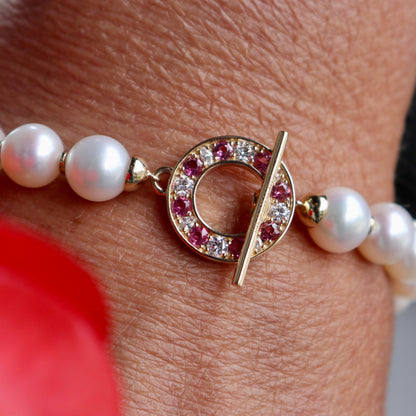 Bracelet de perles d'eau douce, or 14K serti de tourmalines et diamants