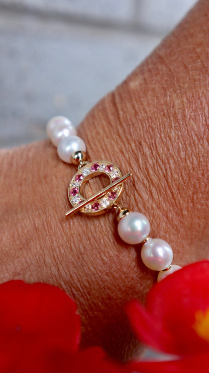 Bracelet de perles d'eau douce, or 14K serti de tourmalines et diamants