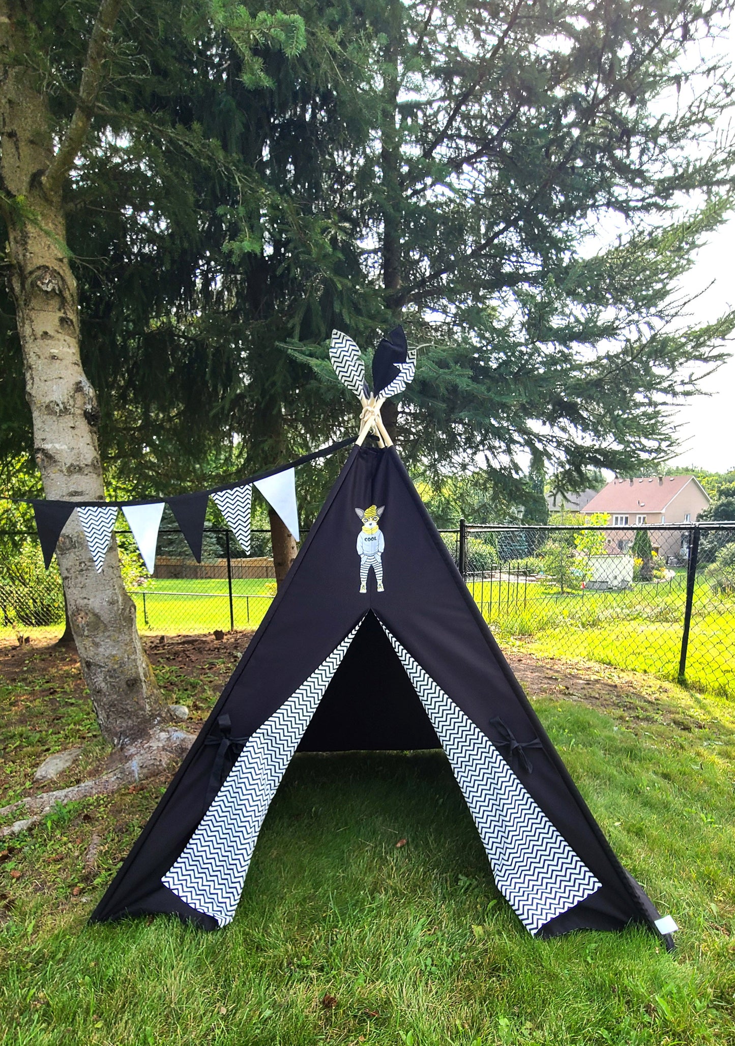 Black Teepee with Dog patch and Zig-zag Lining Teepee Tent