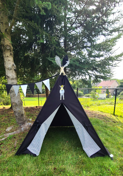 Black Teepee with Dog patch and Zig-zag Lining Teepee Tent