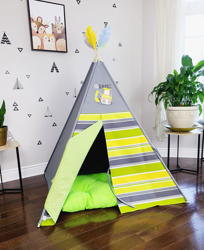 GoDozer Green Yellow White Stripes Grey Play Teepee Tent