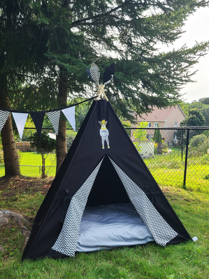 Black Teepee with Dog patch and Zig-zag Lining Teepee Tent