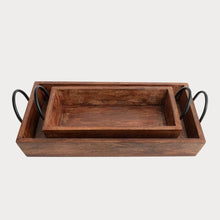 Load image into Gallery viewer, Rectangular Wooden Serving Trays with Black Metal Handles, Set of 2
