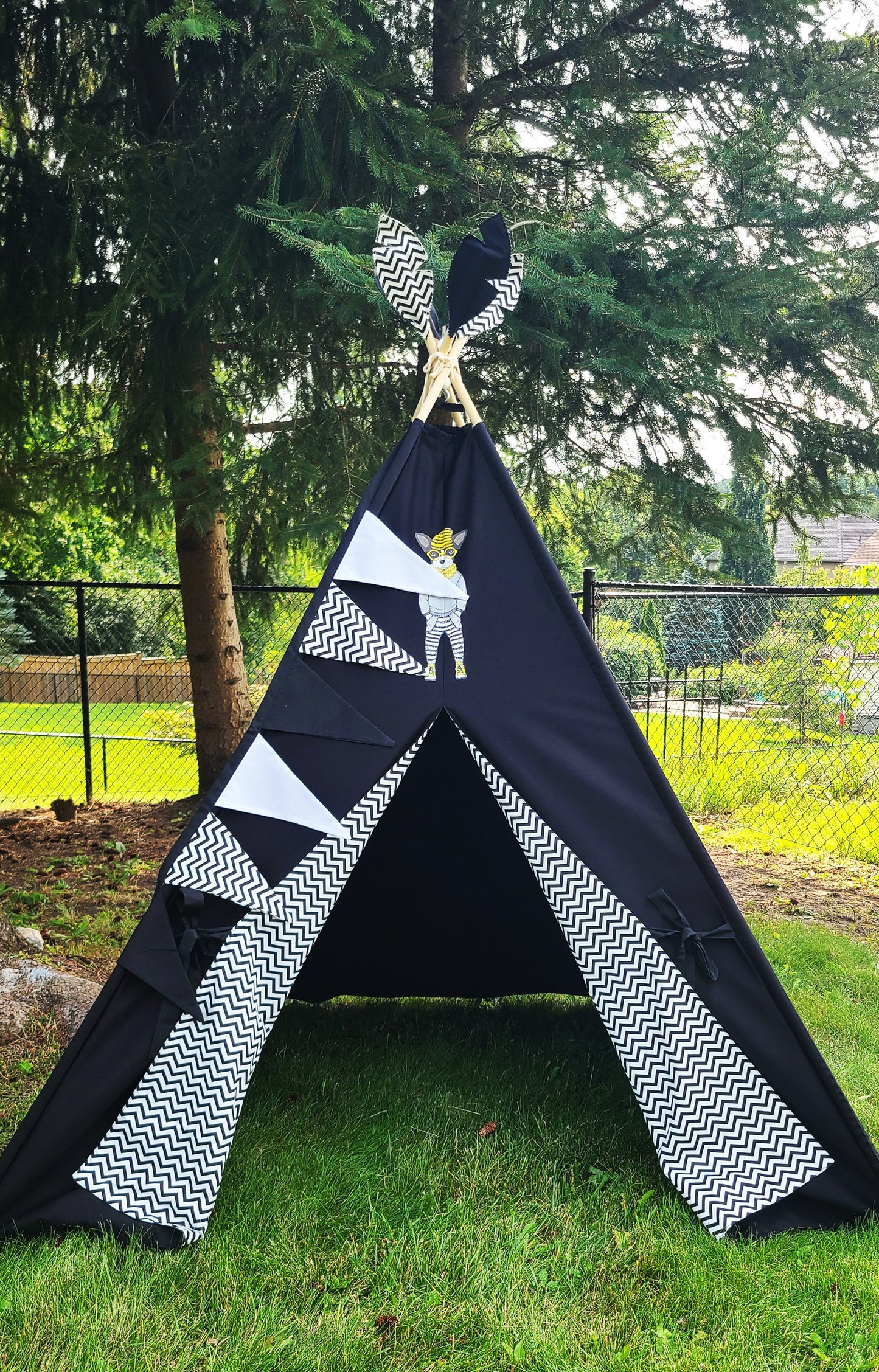 Black Teepee with Dog patch and Zig-zag Lining Teepee Tent