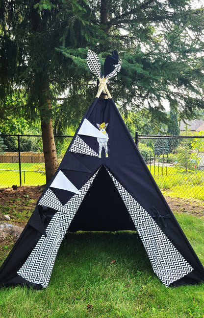 Black Teepee with Dog patch and Zig-zag Lining Teepee Tent