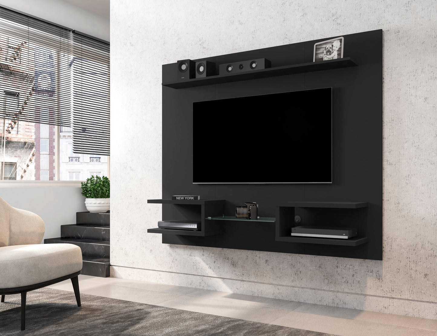 Augusta Modern Floating Shelved Entertainment Center - Black