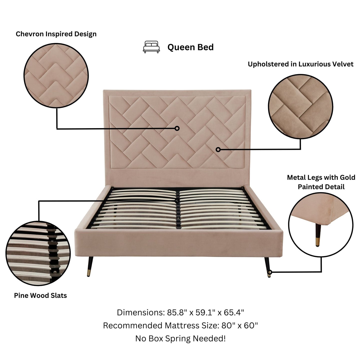 Gallagher Upholstered Velvet Platform Queen Bed - Nude Beige