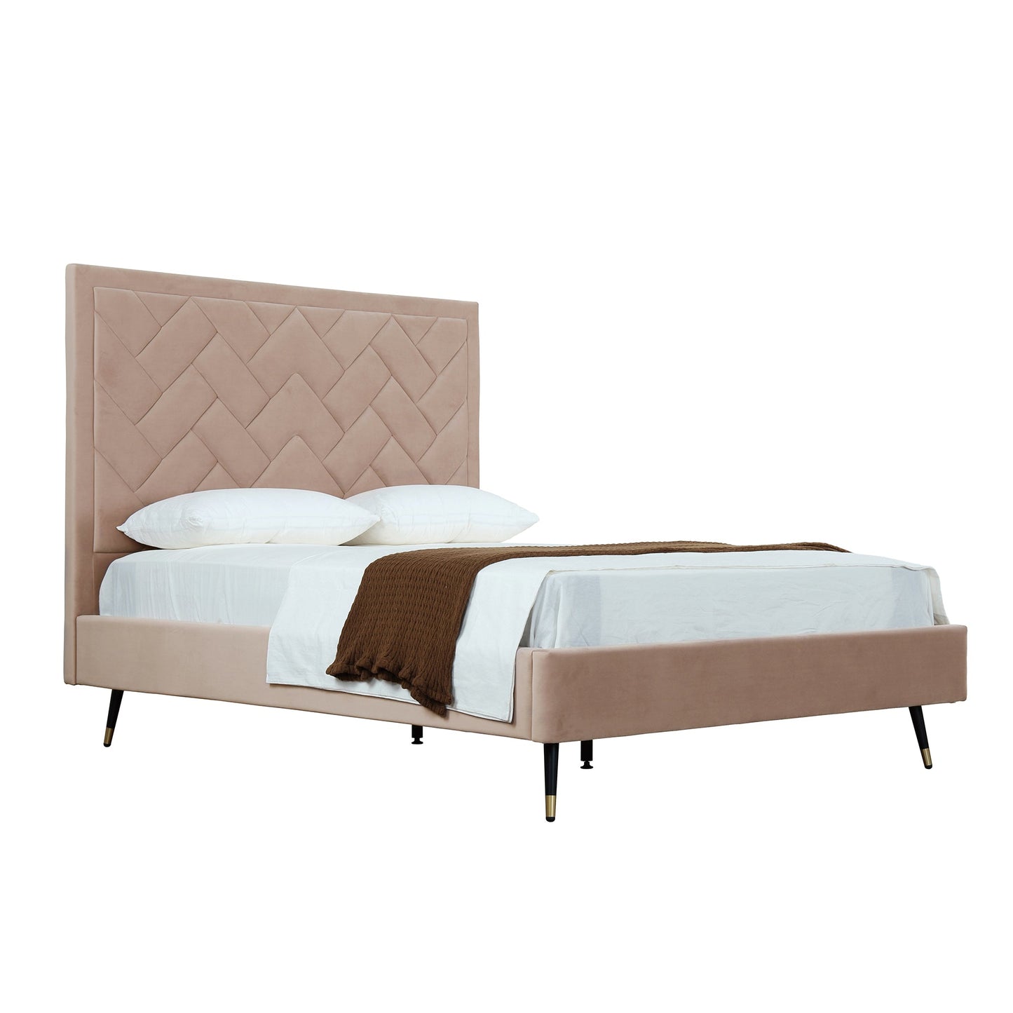 Gallagher Upholstered Velvet Platform Queen Bed - Nude Beige