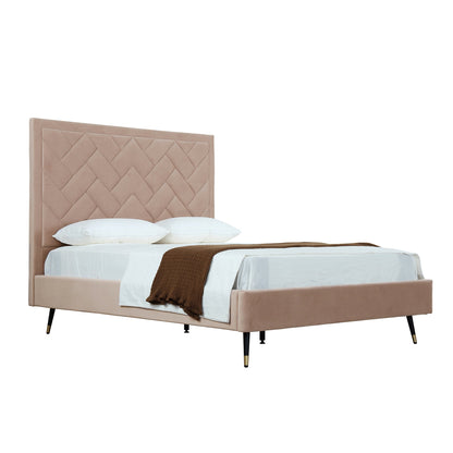 Gallagher Upholstered Velvet Platform Queen Bed - Nude Beige