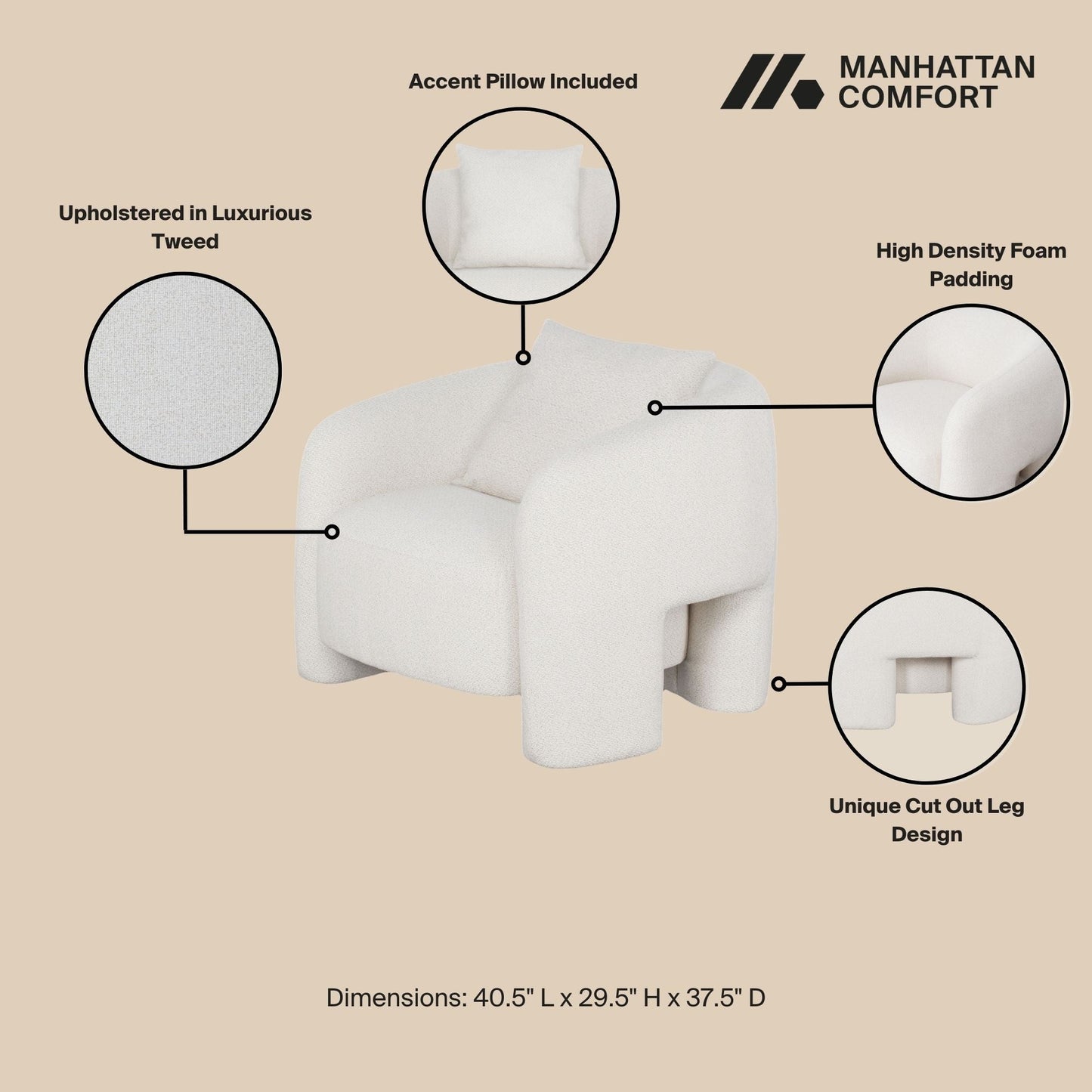 Chloe Pine Wood Tweed Accent Chair - Cream