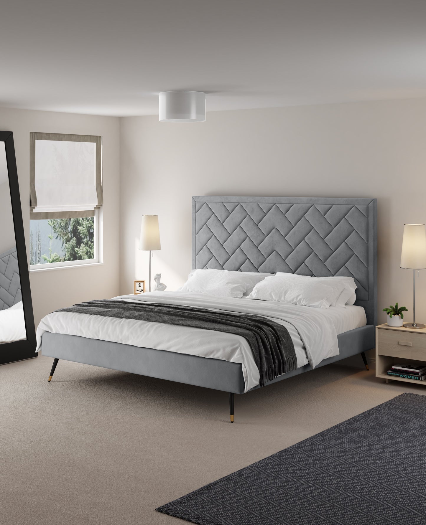 Gallagher Upholstered Velvet Platform Bed - Grey