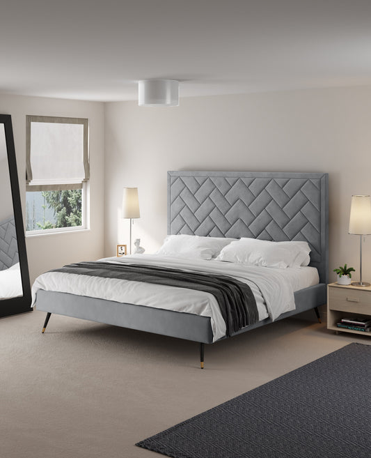 Gallagher Upholstered Velvet Platform Bed - Grey