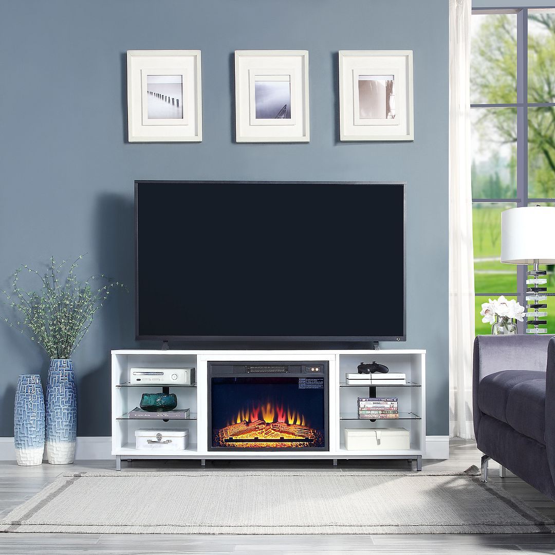 Firey 60" TV Stand/Fireplace with Glass Shelves - Beige Gloss
