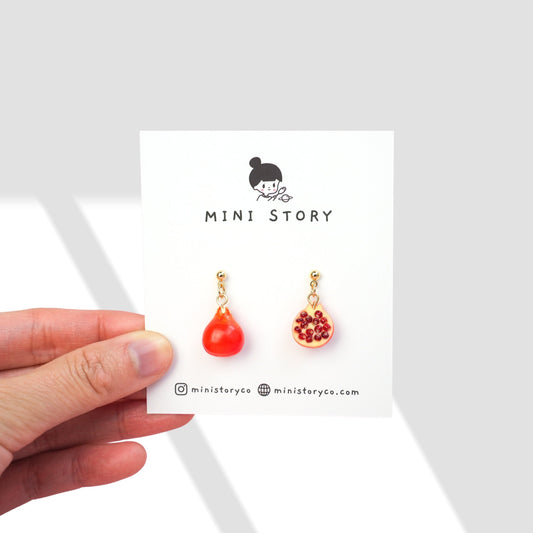 Pomegranate Dangle Earrings | Aesthetic Mismatched Earrings | Miniature Fruit Jewelry | 18k Gold Ball Studs Drop Earrings