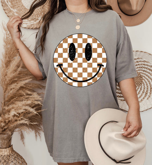 Brown Checkered Smiley Face - Comfort Tee