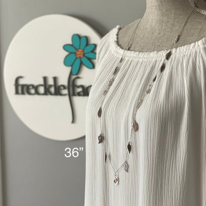 Waterfall Leaf Necklace – Long Layering Chain with Cascading Silver & Mixed Metal Leaves
