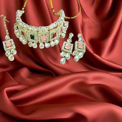 Heritage silver & pink Kundan Choker Set