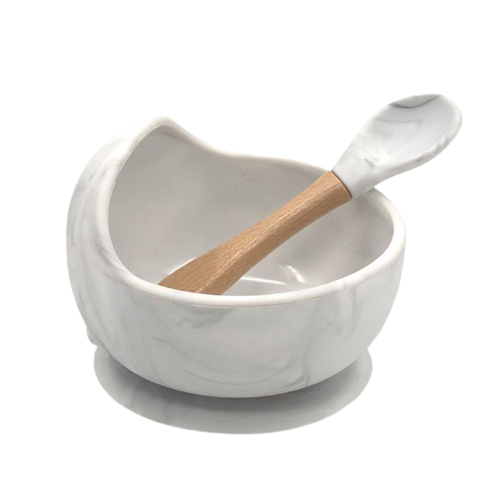 Silicone Bowl And Spoon Set- White Marble