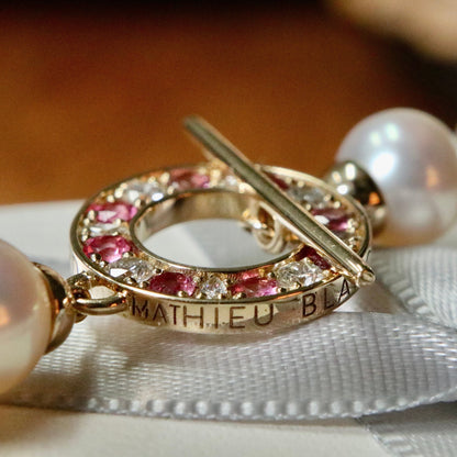 Collier de perles d'eau douce, or 14K serti de tourmalines et diamants