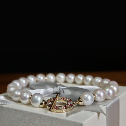 Bracelet de perles d'eau douce, or 14K serti de tourmalines et diamants