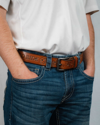Live to Ride - Cognac 100% Full Grain Leather Biker Belt