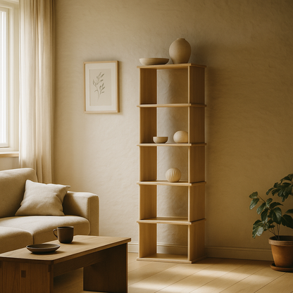 Narrow bookshelf in white oak