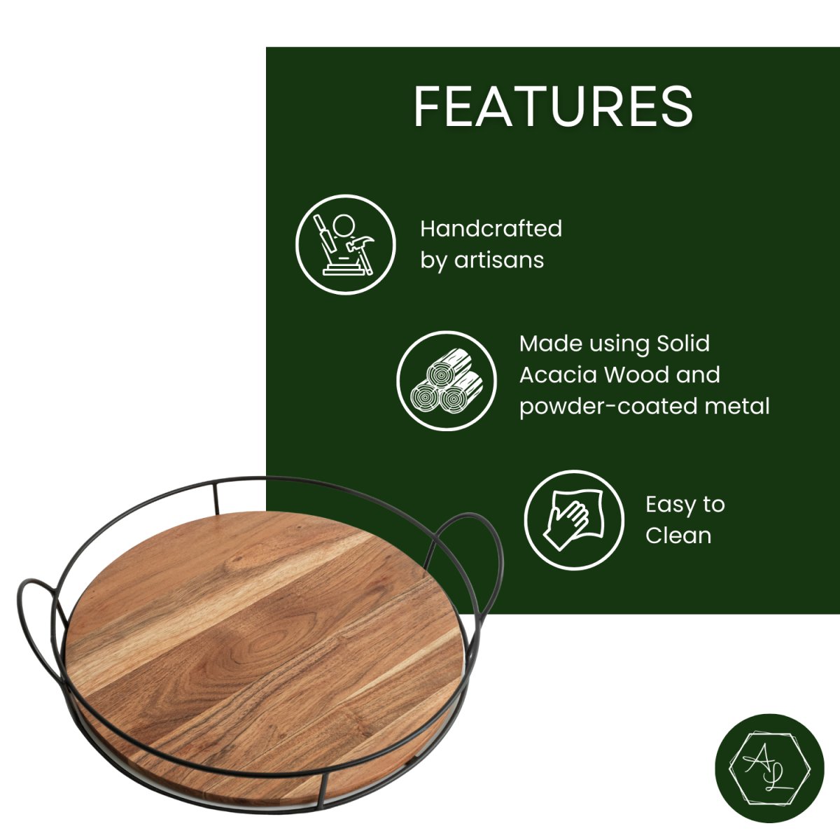 Round Wooden Tray with handles