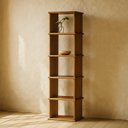Narrow bookshelf in red oak