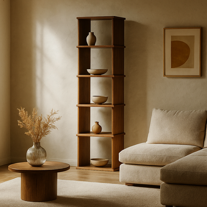 Narrow bookshelf in red oak