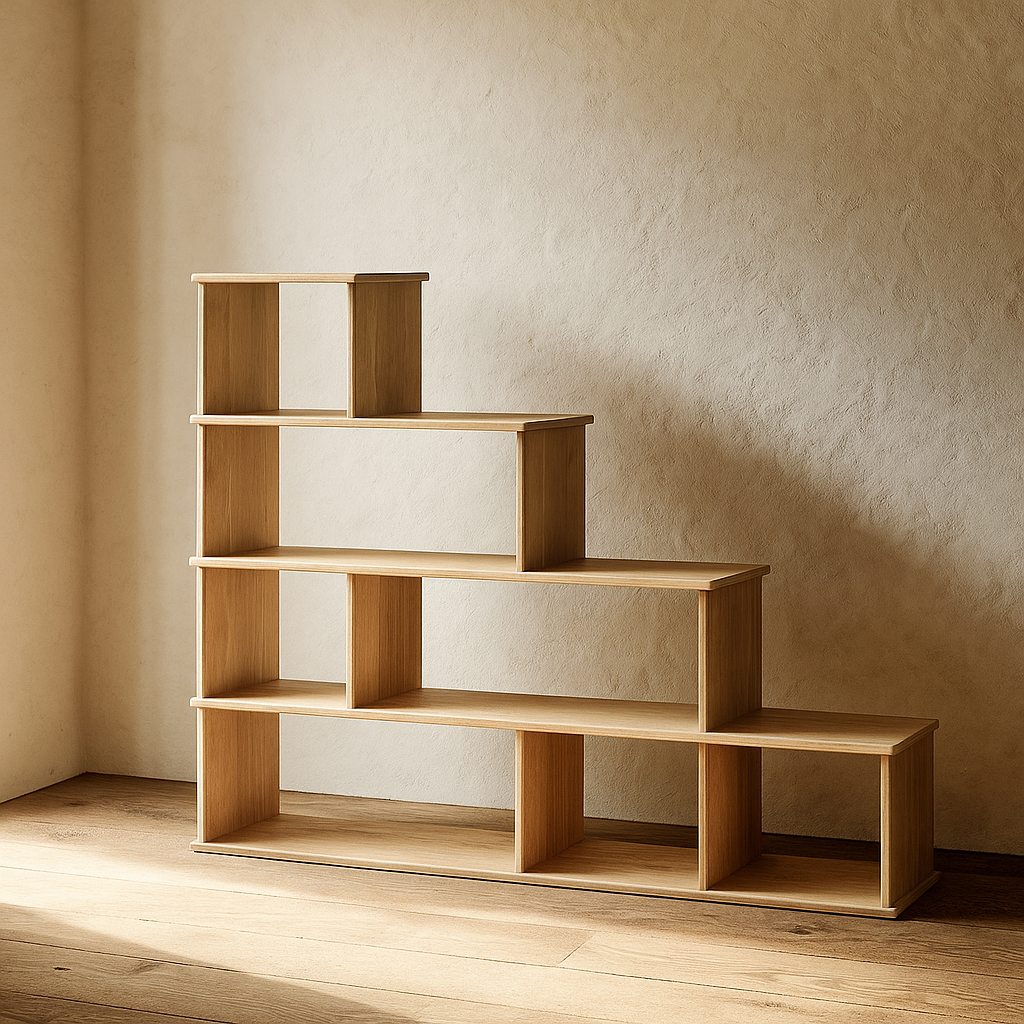 Step bookshelf in white oak