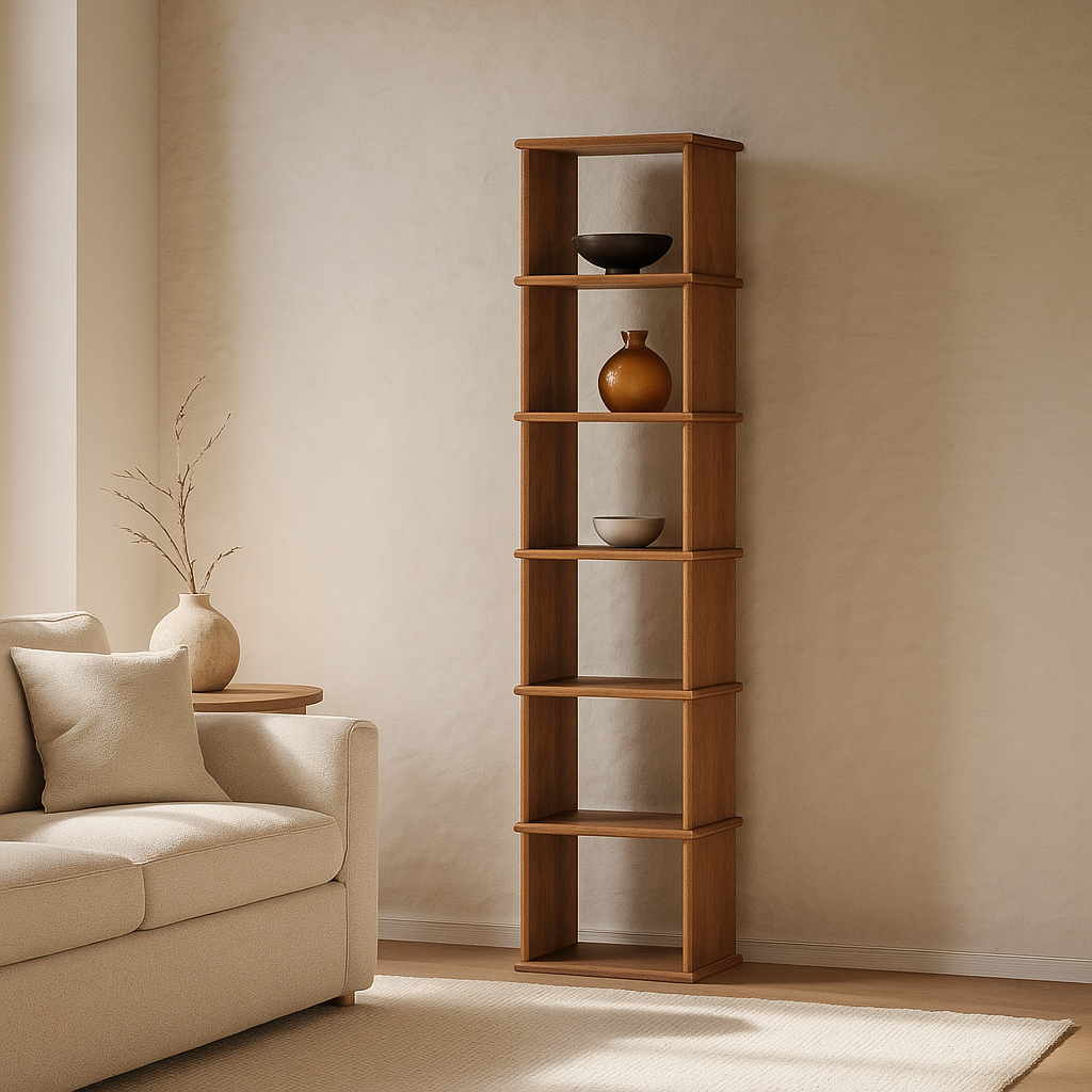 Tall narrow bookcase in red oak